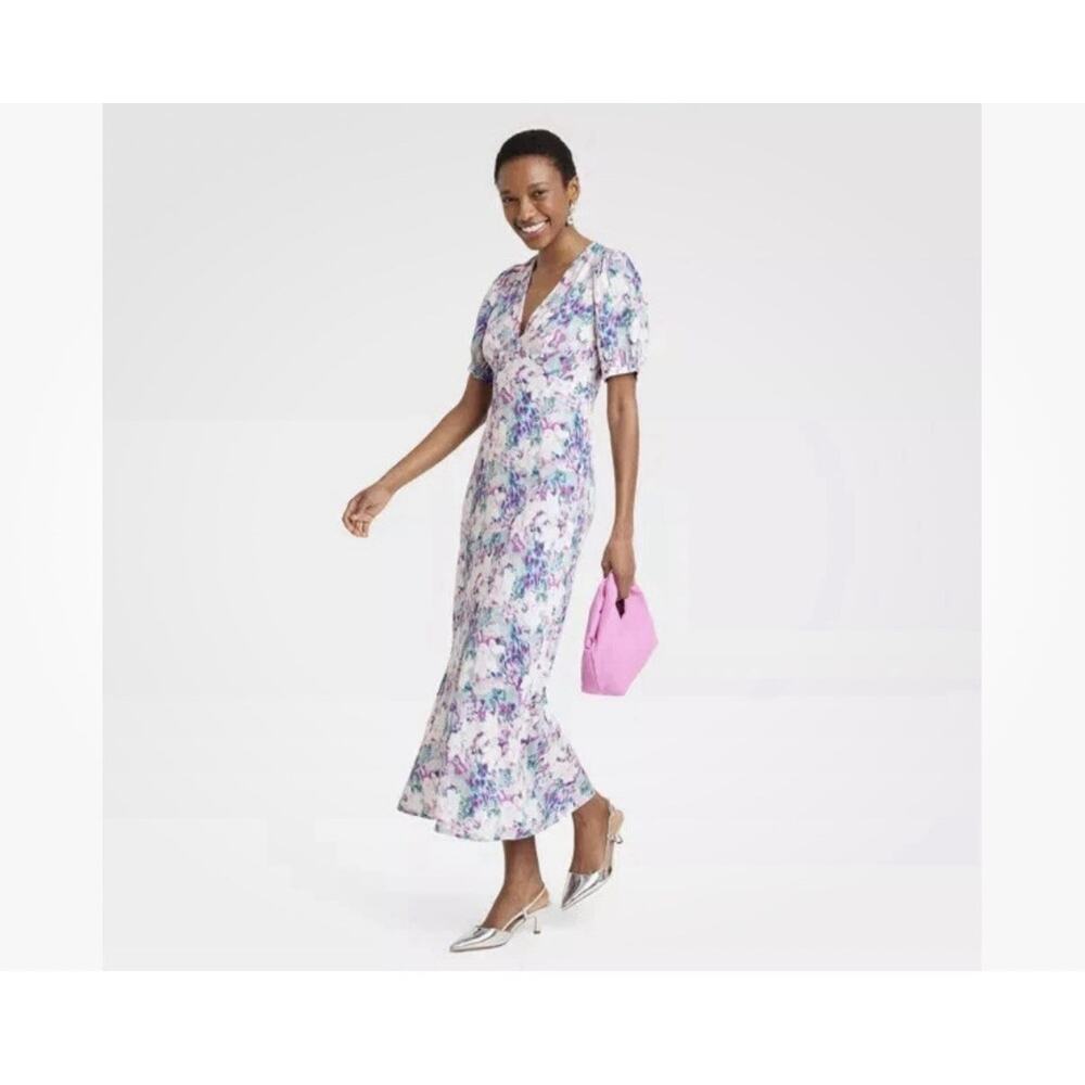 Floral Midi Dress Women’s Large Puff Sleeve‎ Surplice V Neck Purple Blue